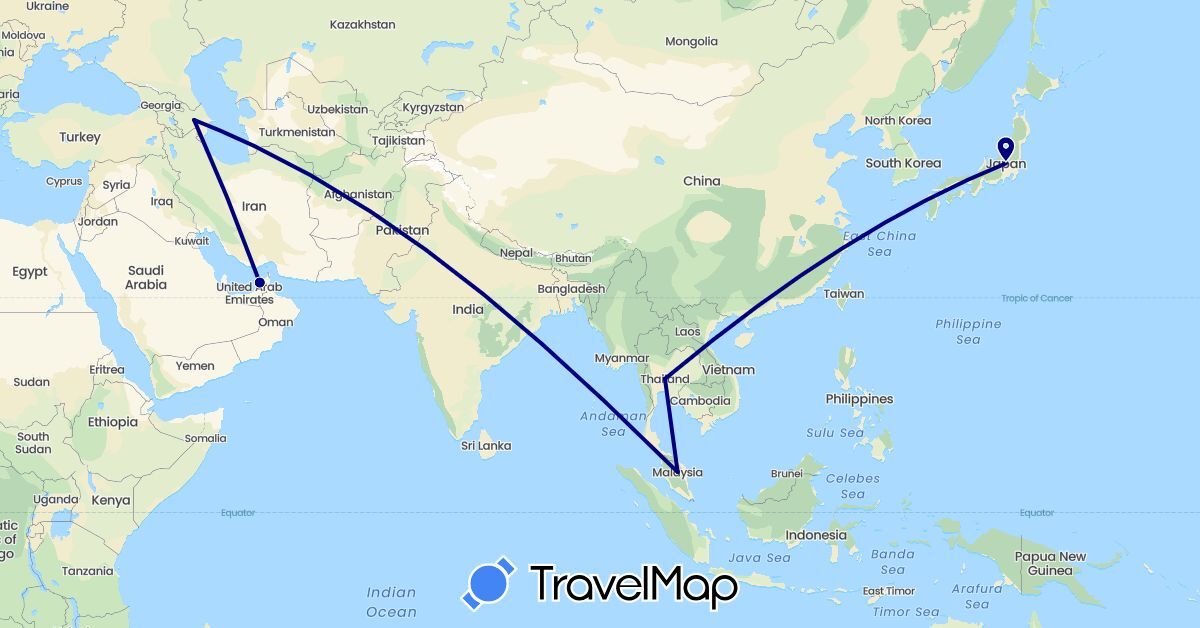 TravelMap itinerary: driving in United Arab Emirates, Azerbaijan, Japan, Malaysia, Thailand (Asia)